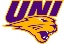 UNI logo in bold purple and gold letters above a stylized panther head, facing right, with an open mouth showing sharp teeth.
