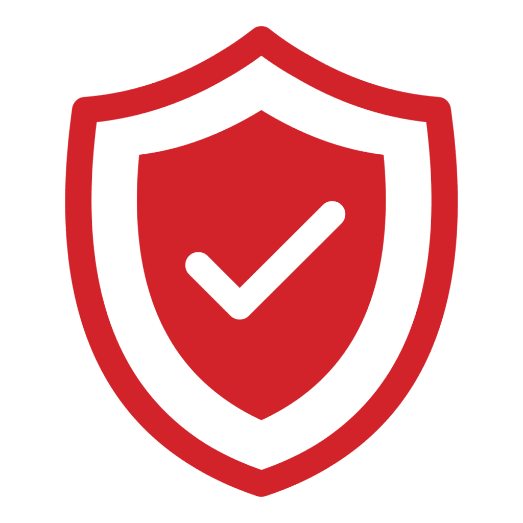 A red shield icon with a white check mark in the center, symbolizing security, protection, or verified status.
