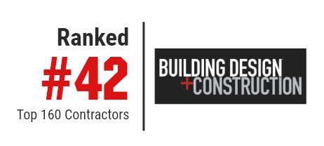 Ranked #42 Top 160 Contractors logo beside Building Design plus Construction logo.