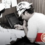 A man in a hard hat reviews paperwork at a cluttered desk with a laptop. A "Celebrating 25 Years" badge appears in the lower right corner.