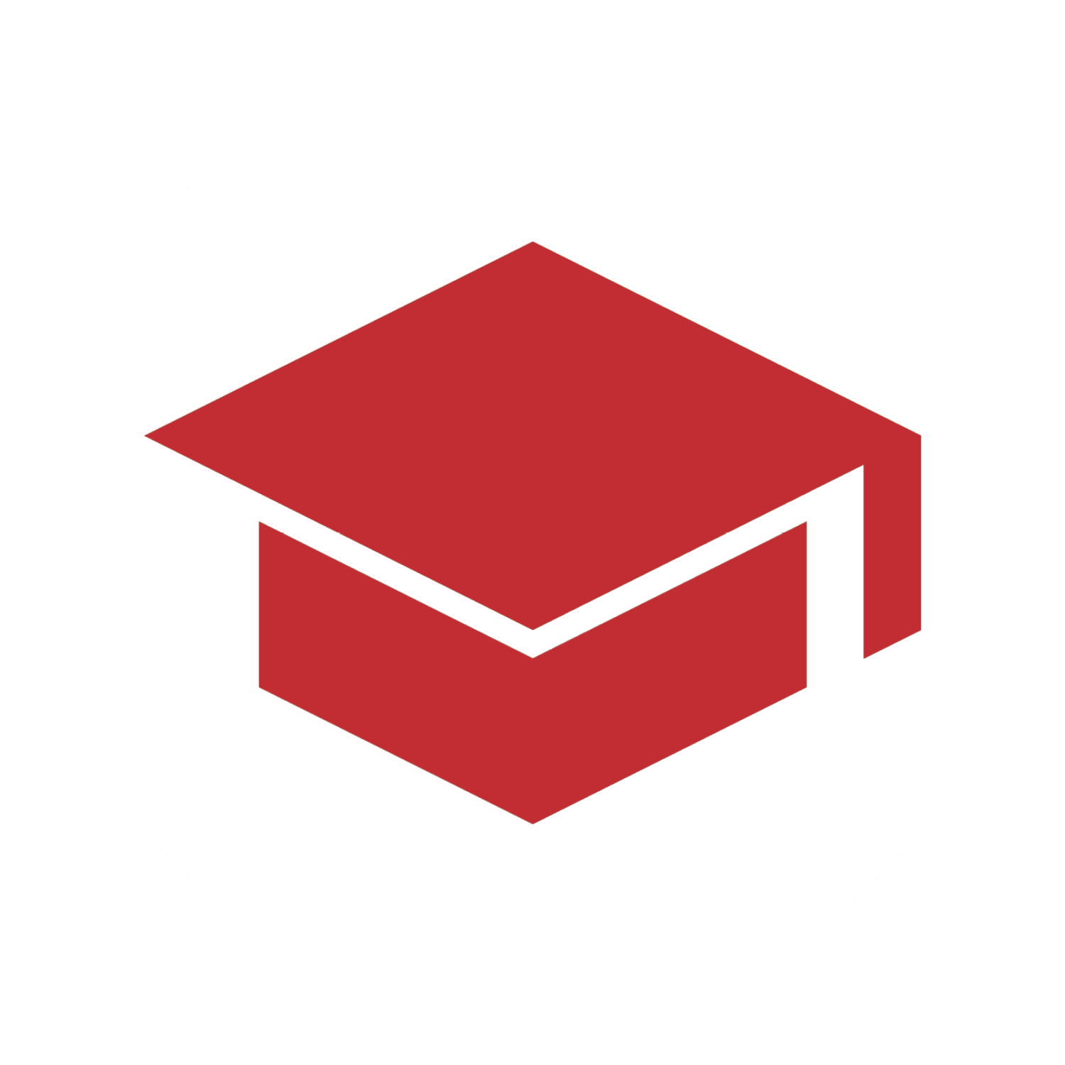 A red graduation cap icon with a square top and tassel, centered on a white circular background.