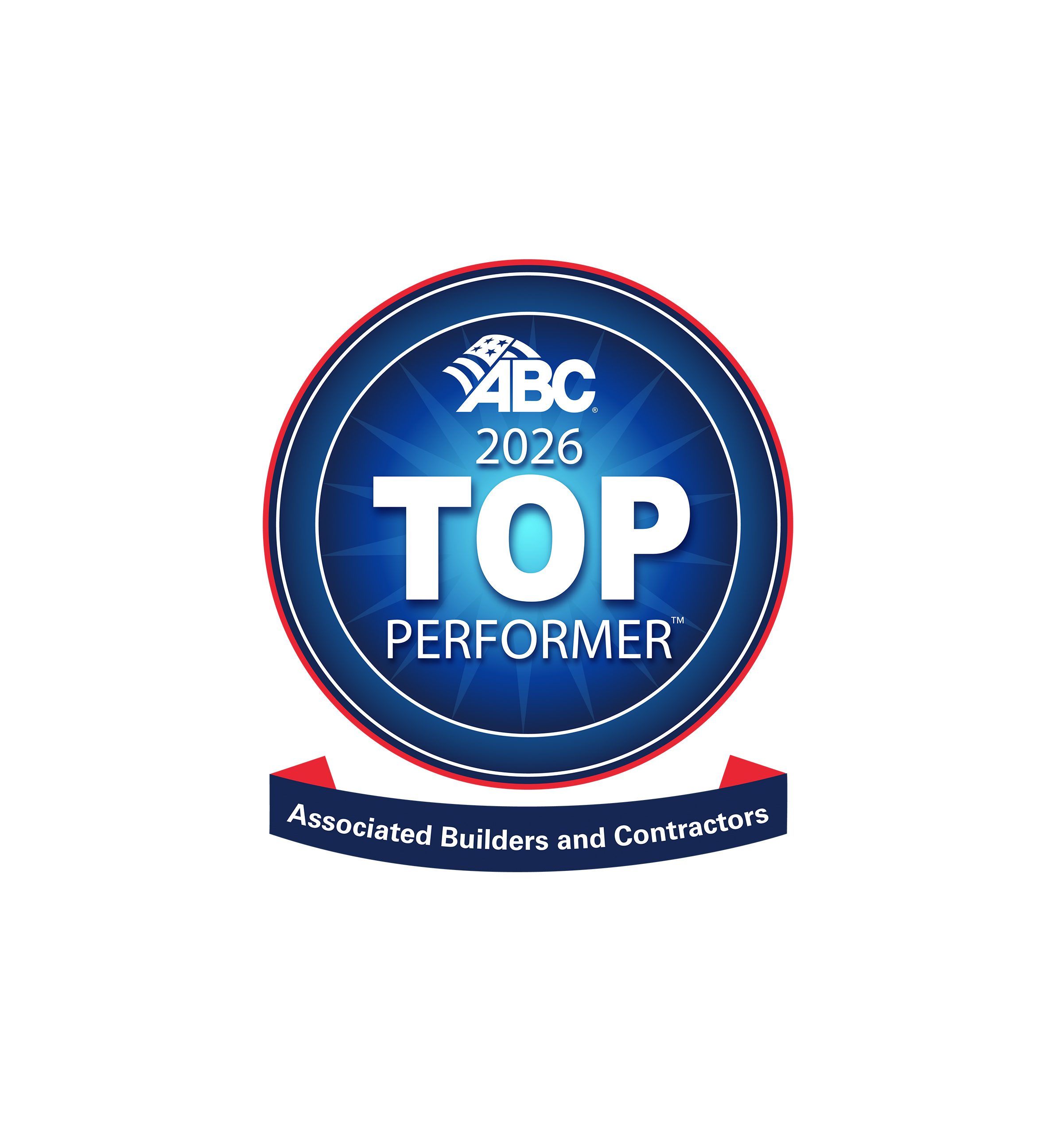 A blue circular badge with "ABC 2026 Top Performer" in white text, and a red ribbon below reading "Associated Builders and Contractors.