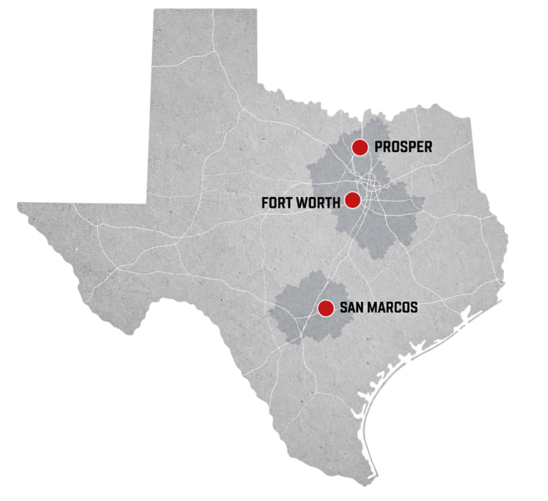 Map of Texas marking Crossland offices in Prosper, Fort Worth and San Marcos