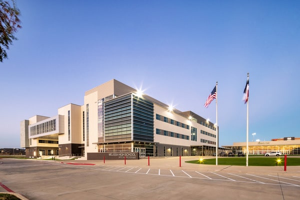 School building exterior at dusk
