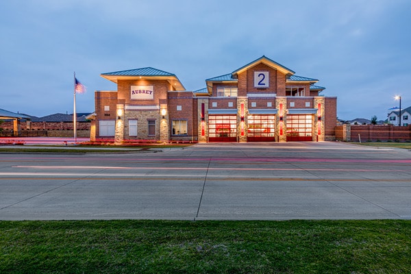 Fire station exterior at dusk